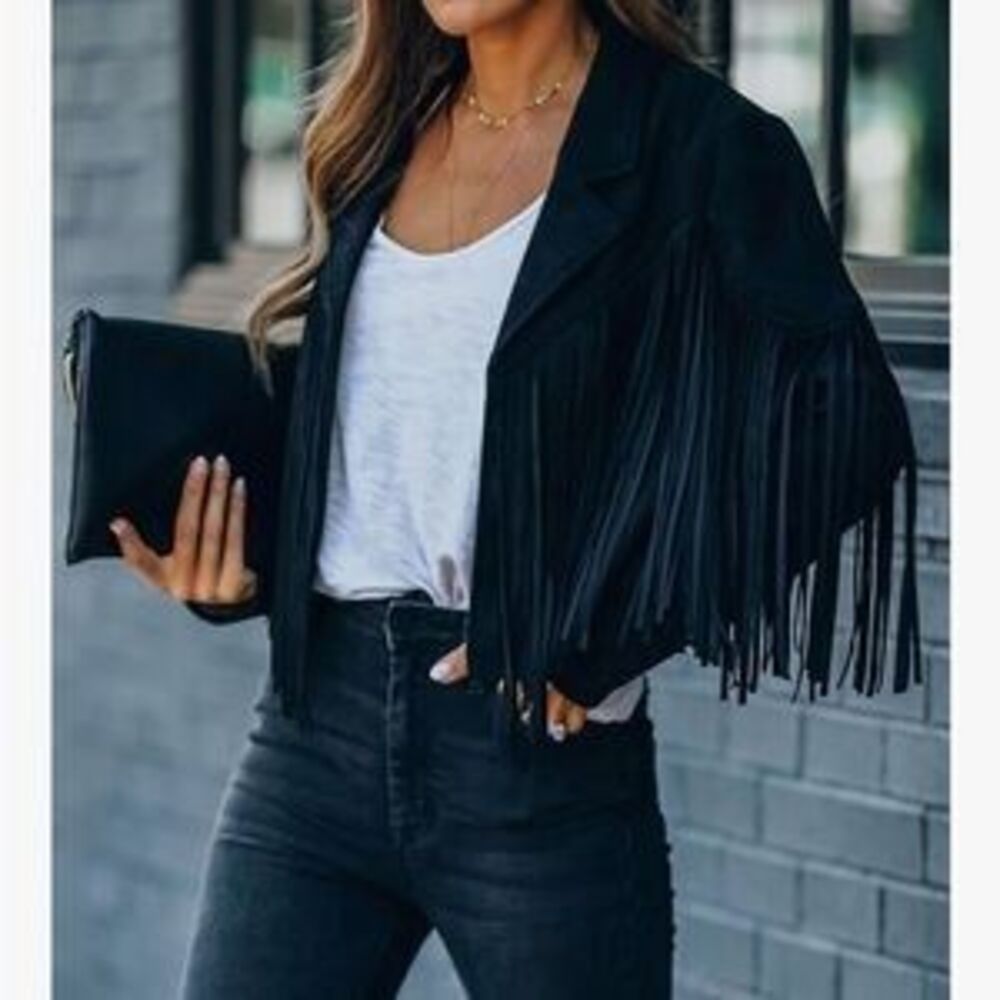 Black Fringe Women's Jacket faux suede blazer - Picture 2 of 5